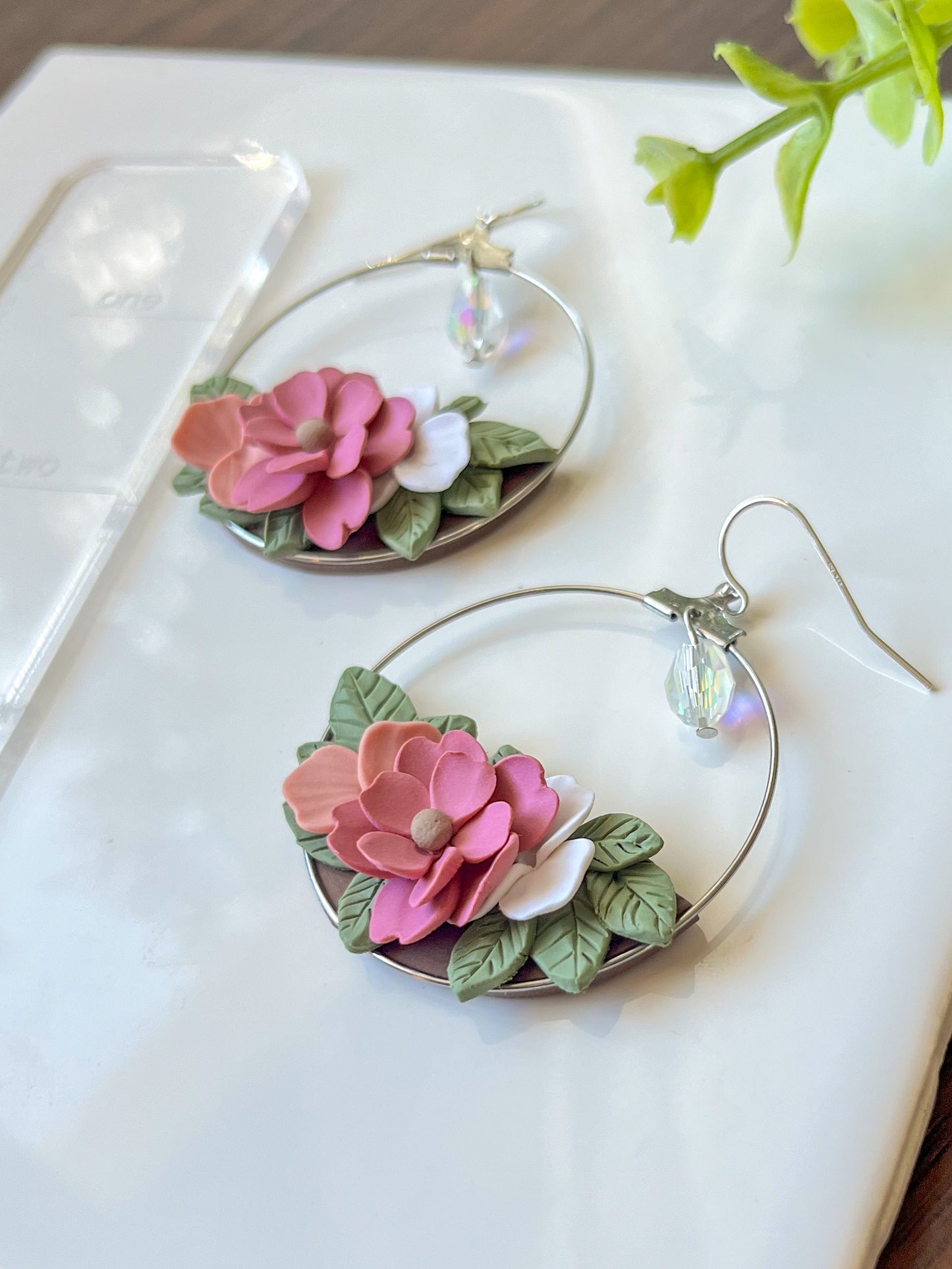 Pink floral hoop earrings | sterling silver