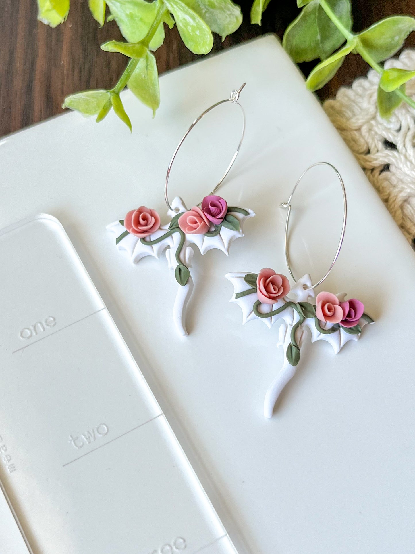 White dragon with pink rose earrings | sterling silver