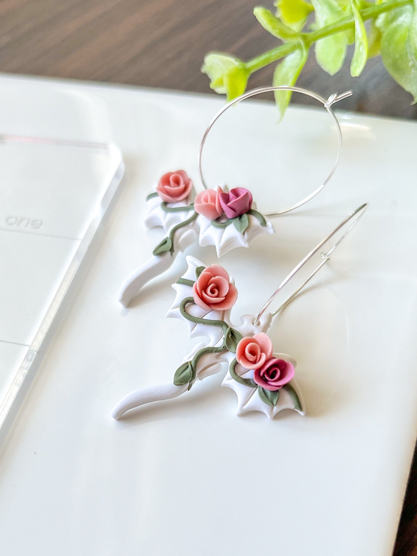 White dragon with pink rose earrings | sterling silver