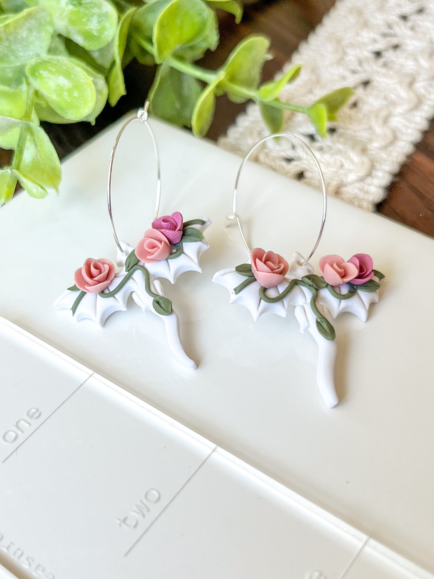 White dragon with pink rose earrings | sterling silver