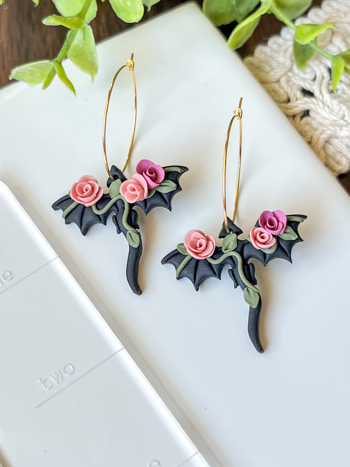 Black dragon with pink rose earrings | 18k gold plated