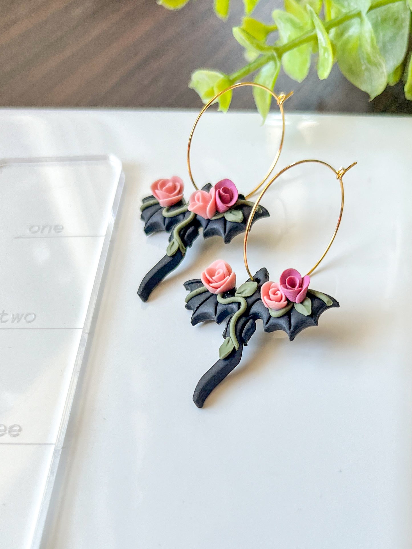 Black dragon with pink rose earrings | 18k gold plated