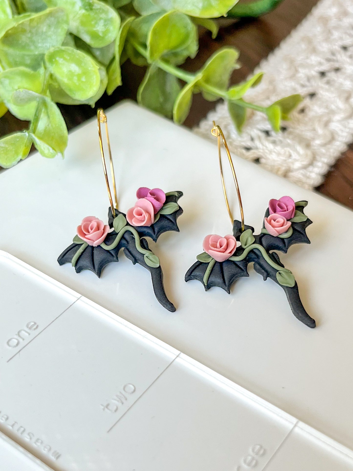 Black dragon with pink rose earrings | 18k gold plated