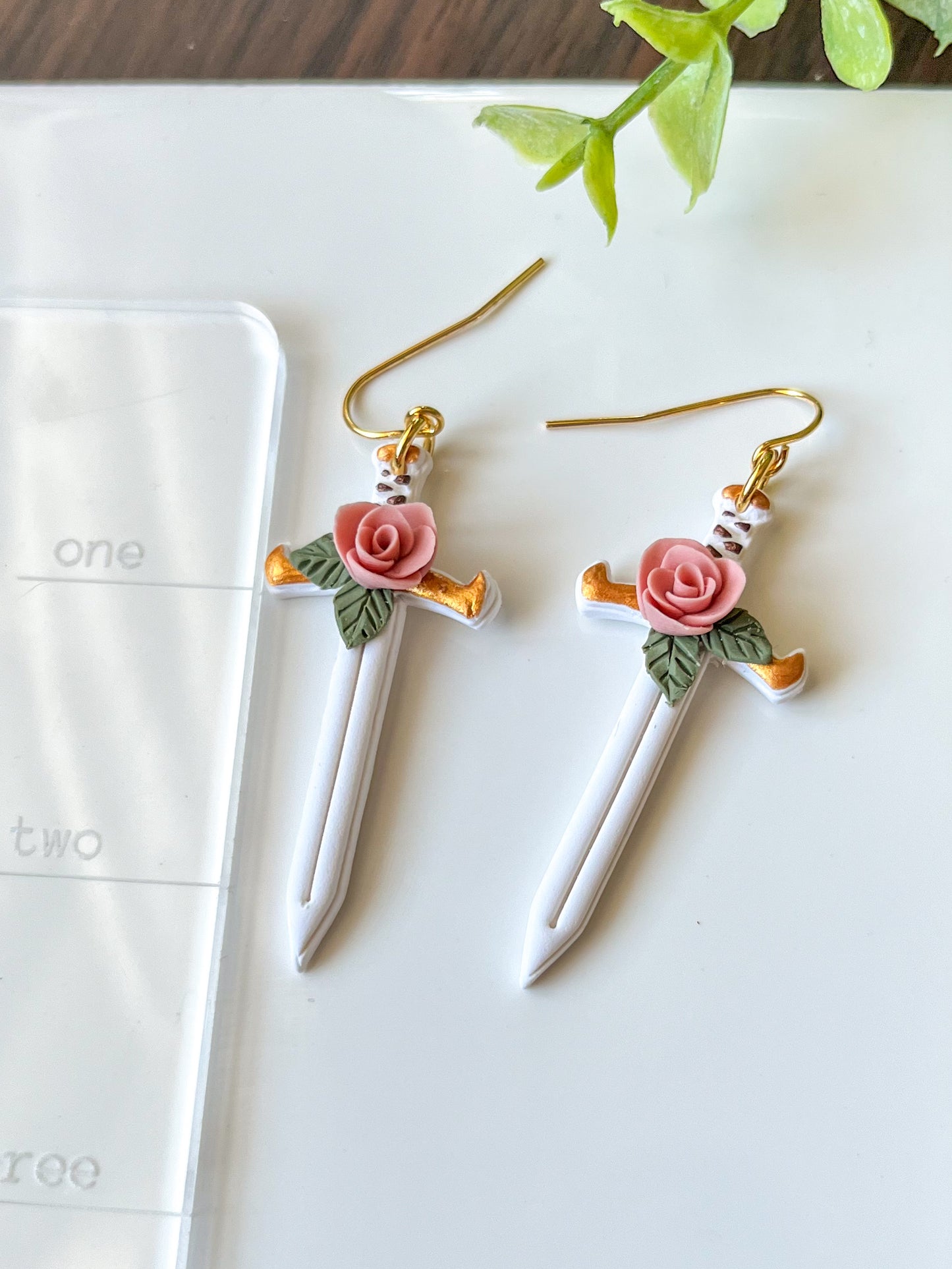 White sword earrings with pink rose | 18k gold plated