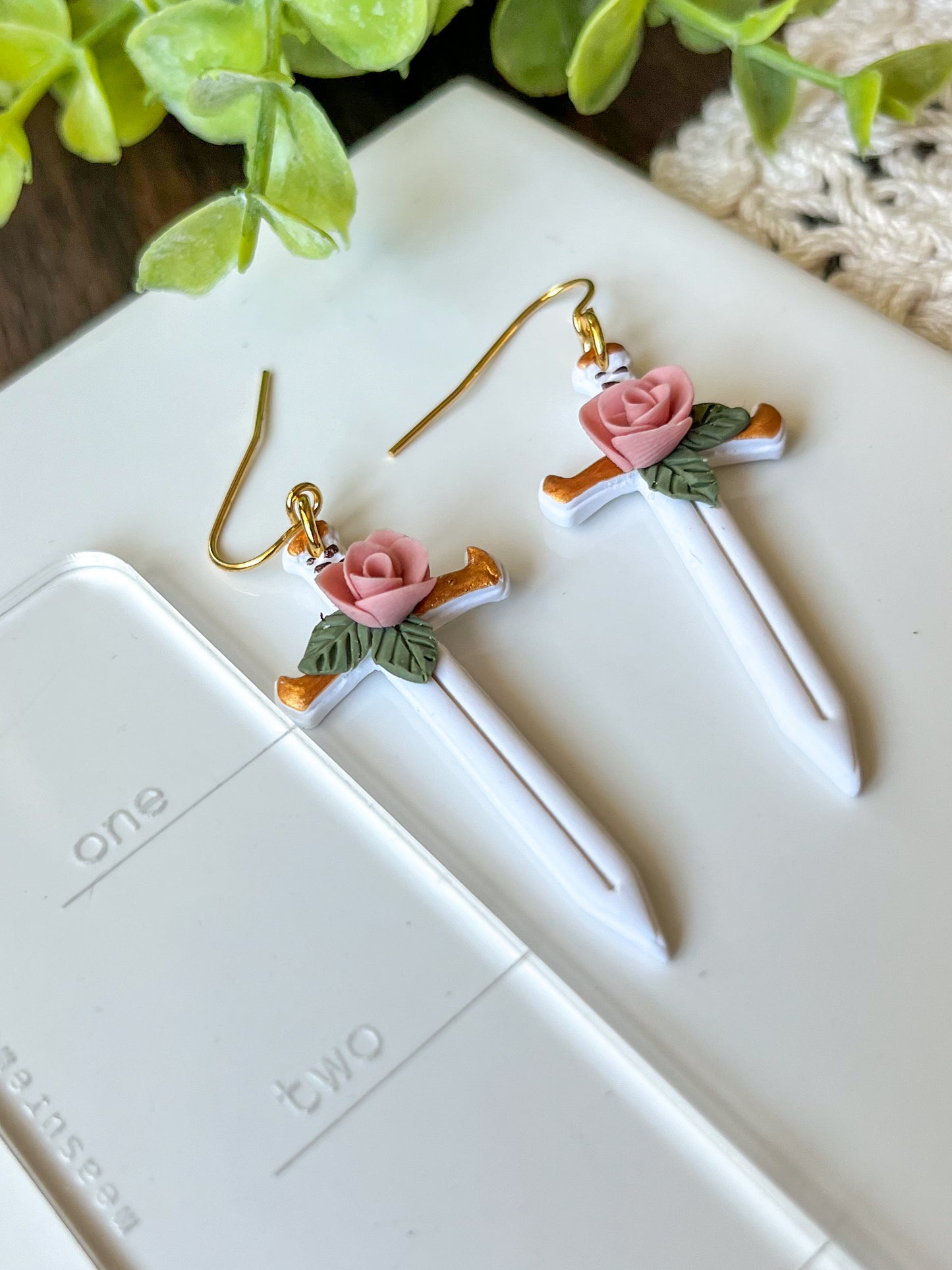 White sword earrings with pink rose | 18k gold plated