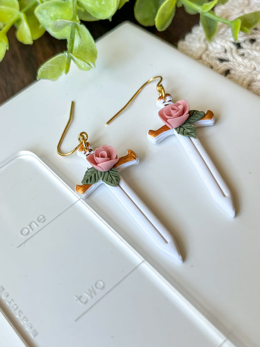 White sword earrings with pink rose | 18k gold plated