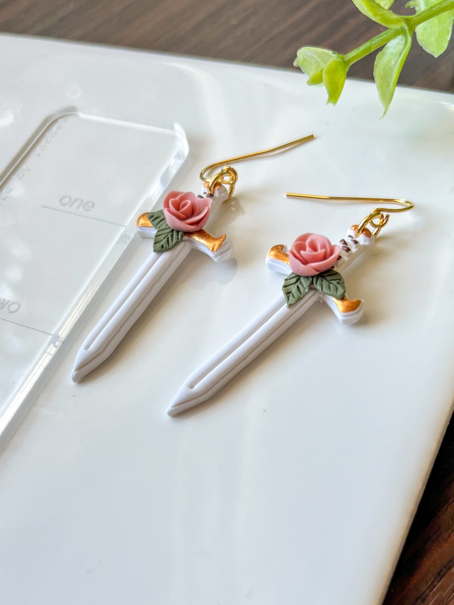 White sword earrings with pink rose | 18k gold plated