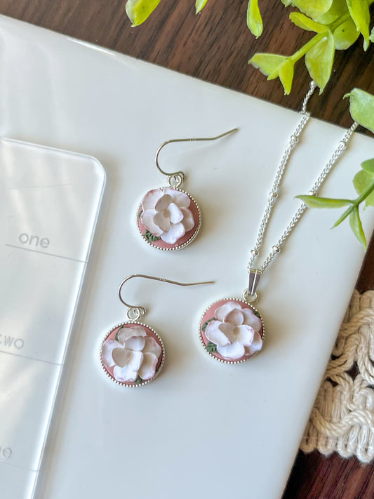 Dusty rose flower set (earrings and/or necklace) | multiple metals