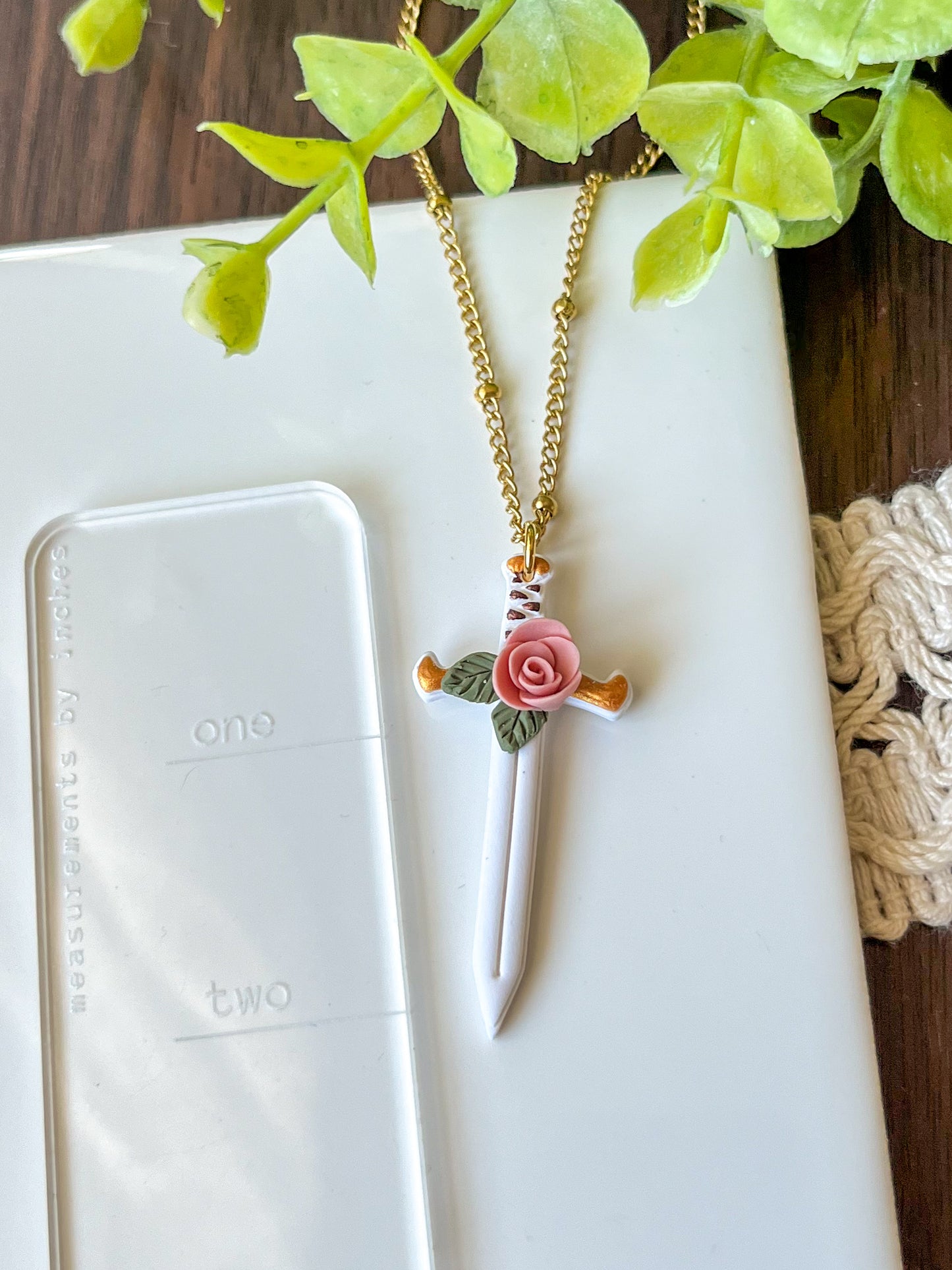 white sword necklace with pink rose | 18" chain