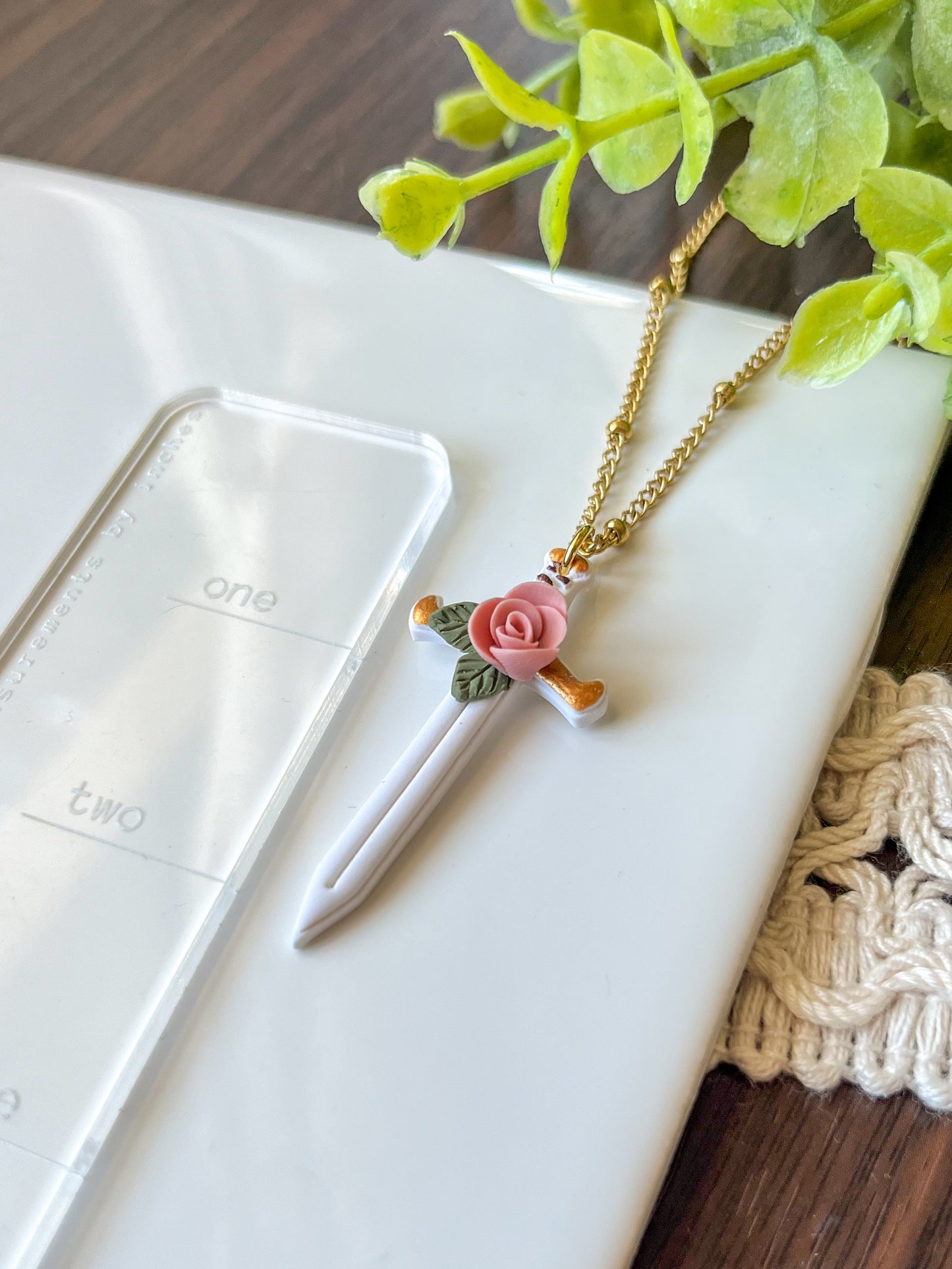 white sword necklace with pink rose | 18" chain