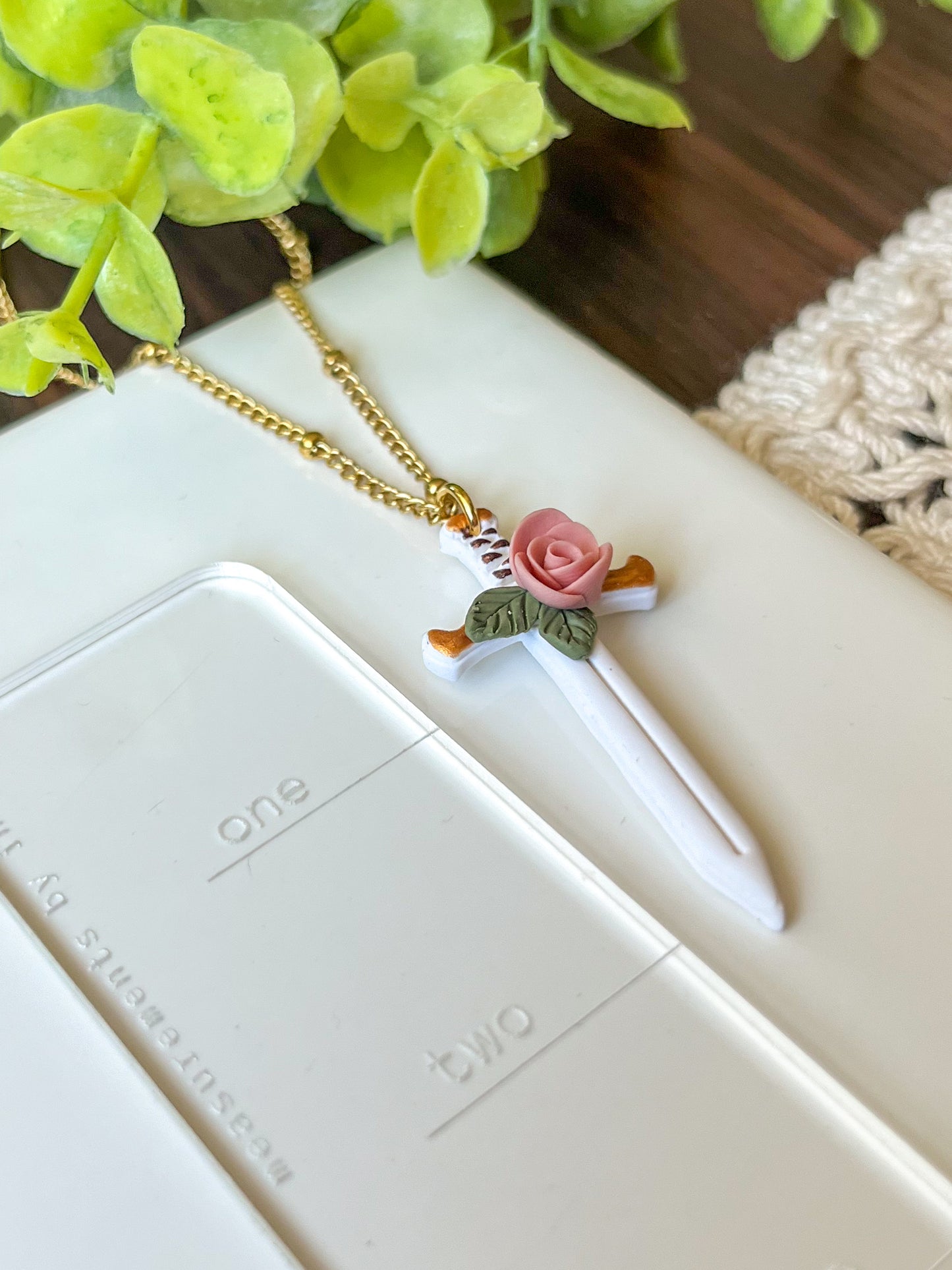 white sword necklace with pink rose | 18" chain