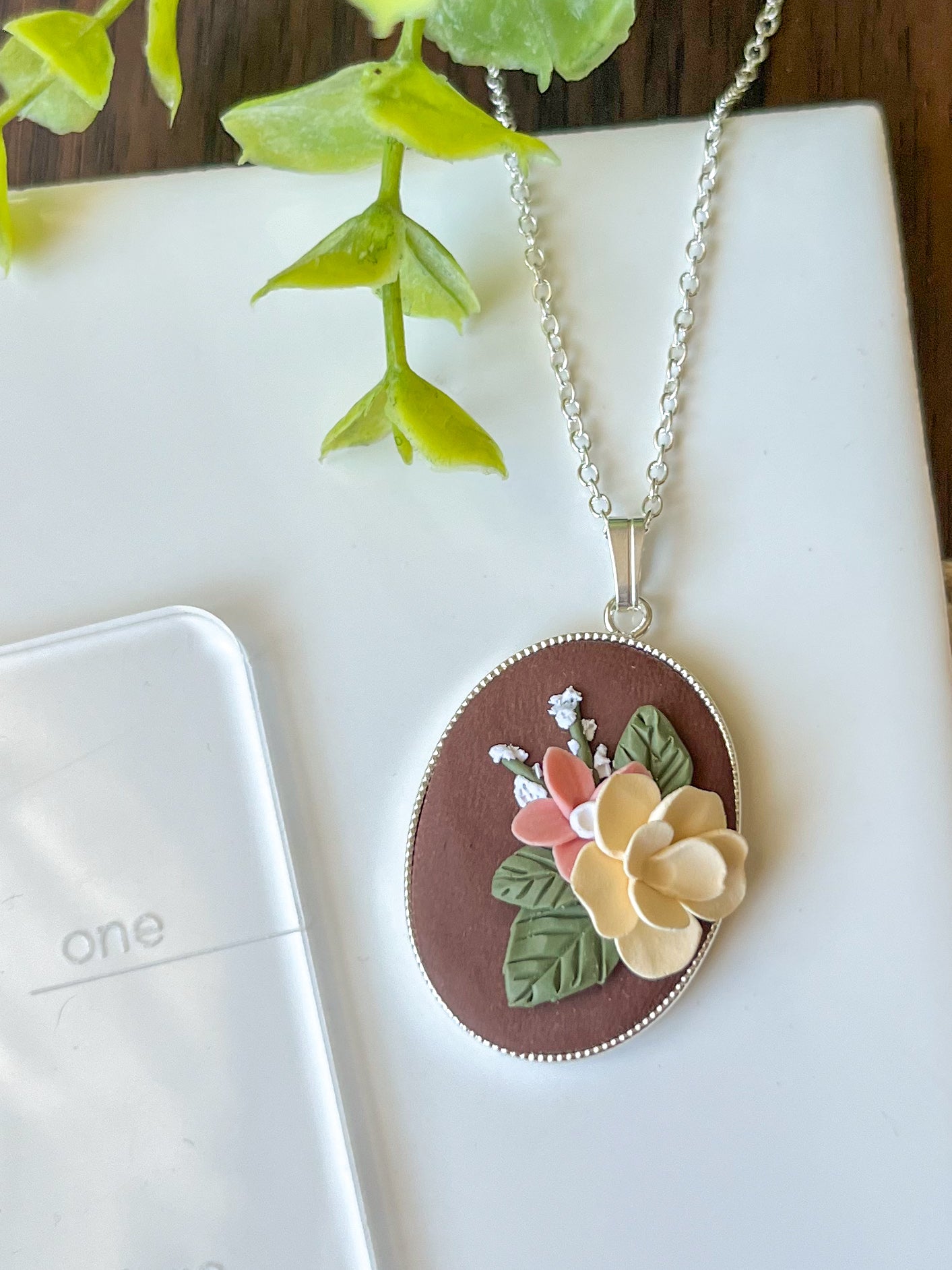 Brown and pink large pendant necklace | 18" chain