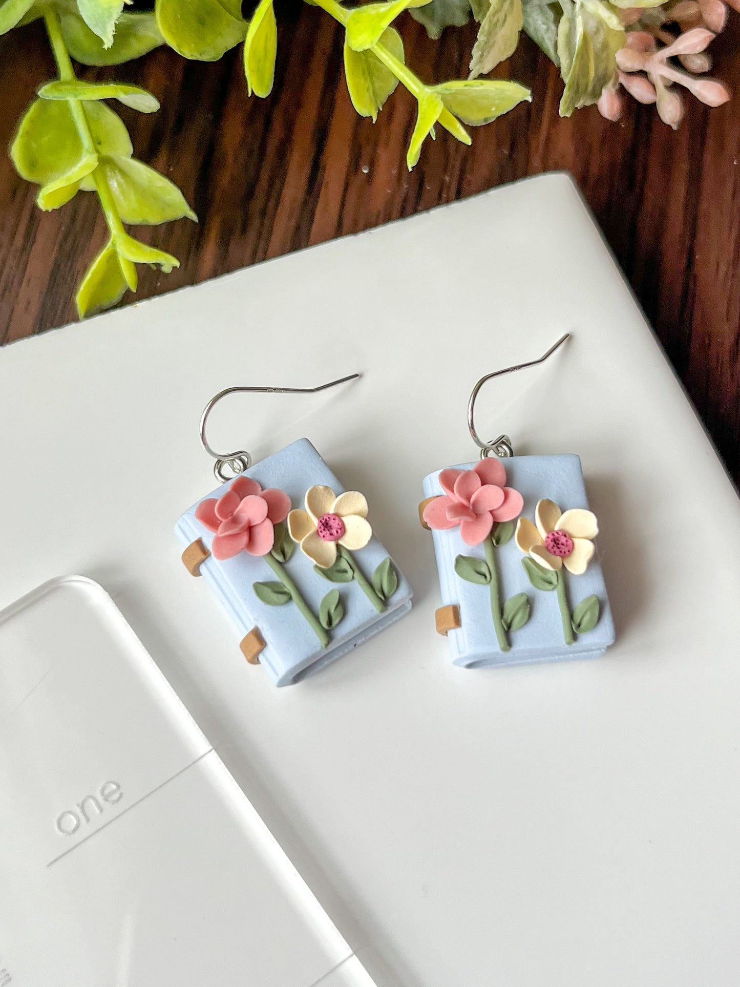 Sky blue floral book earrings | sterling silver