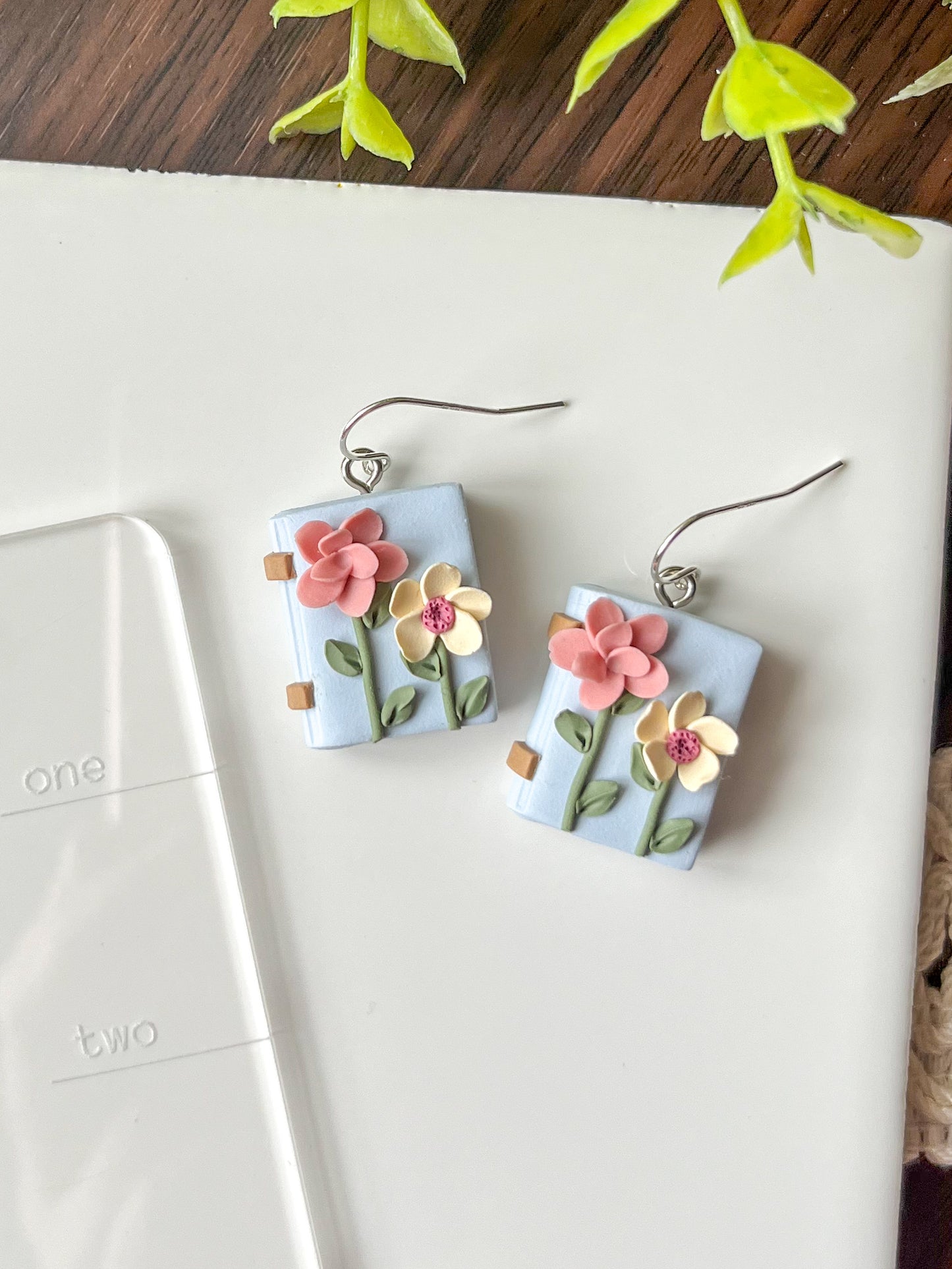 Sky blue floral book earrings | sterling silver