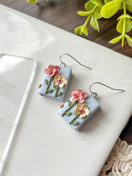 Sky blue floral book earrings | sterling silver