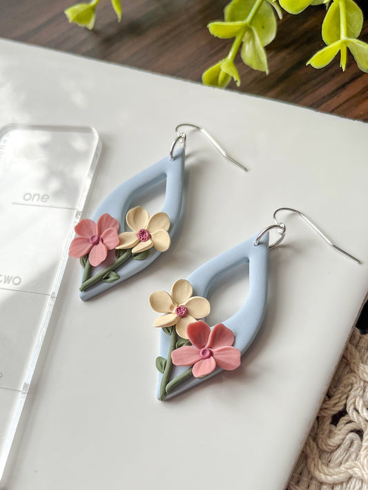 Blue earrings with pink and ivory flowers | sterling silver