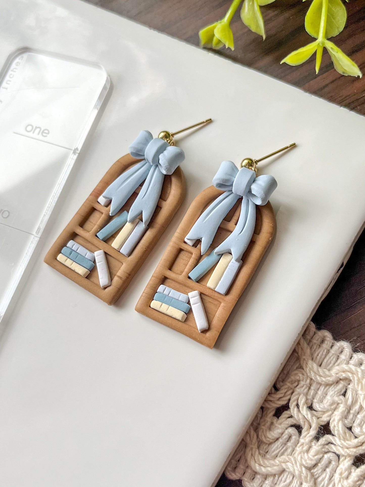 Blue bow bookshelf earrings | 24k gold plated