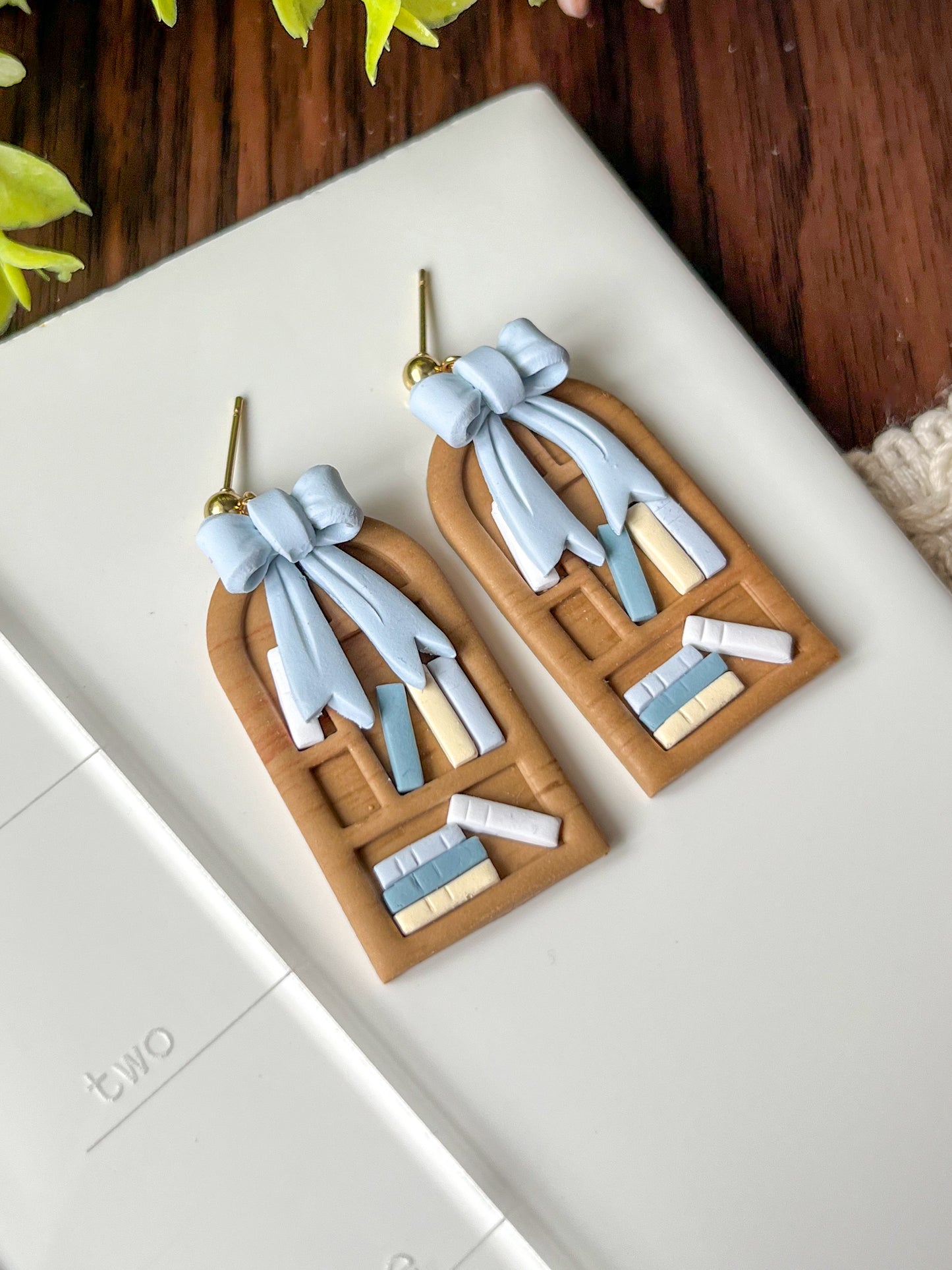 Blue bow bookshelf earrings | 24k gold plated