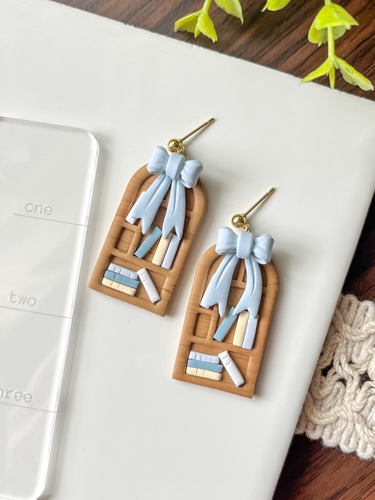 Blue bow bookshelf earrings | 24k gold plated