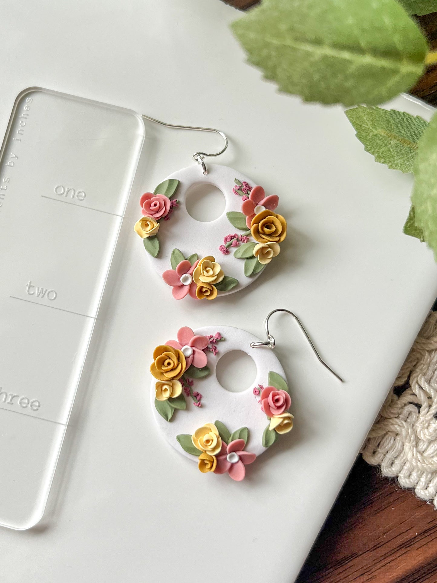 Large white medallion earrings with pink and yellow flowers | sterling silver