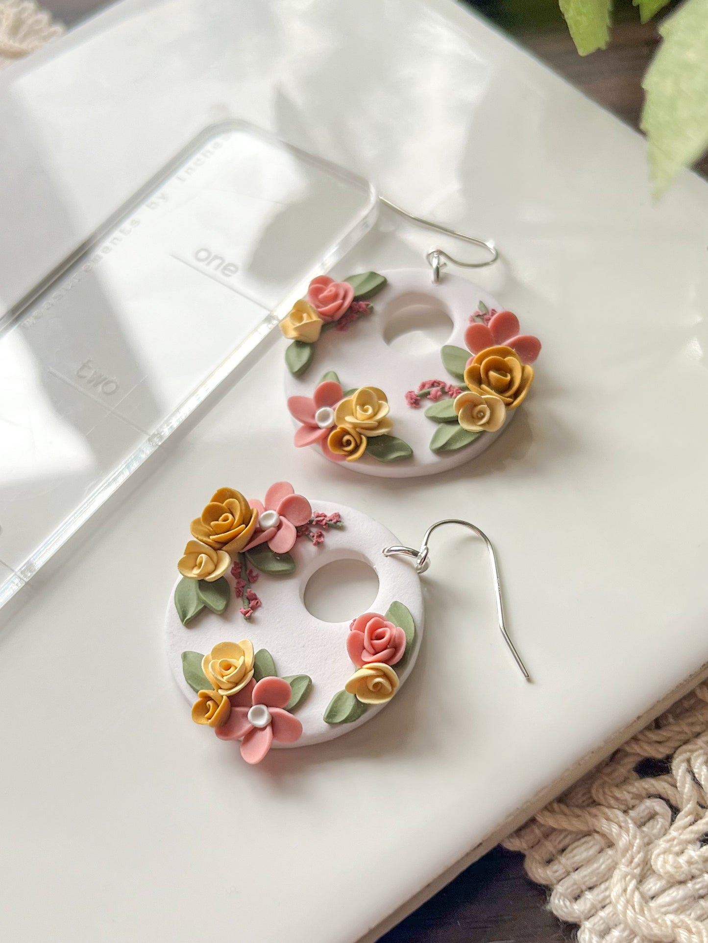 Large white medallion earrings with pink and yellow flowers | sterling silver