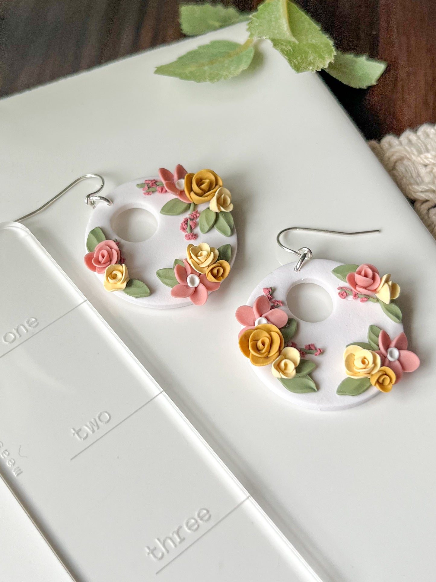 Large white medallion earrings with pink and yellow flowers | sterling silver