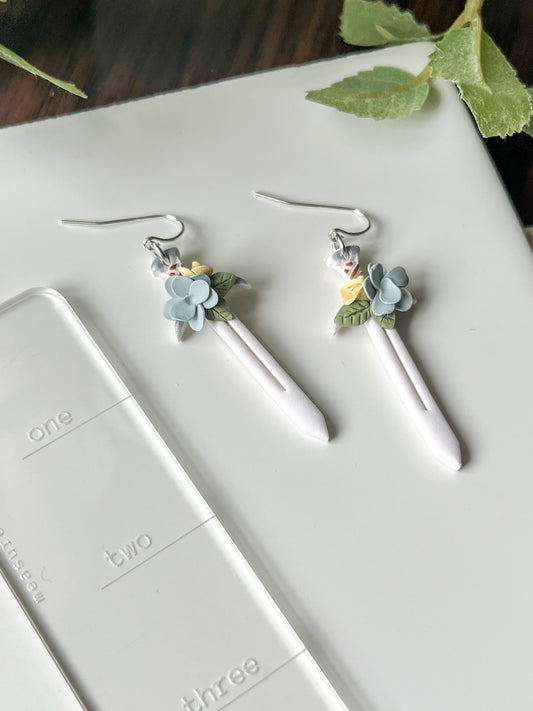 white sword earrings with blue and yellow flowers | sterling silver