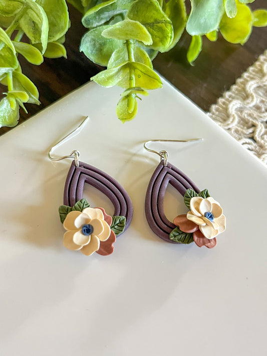 Purple teardrop floral earrings | sterling silver