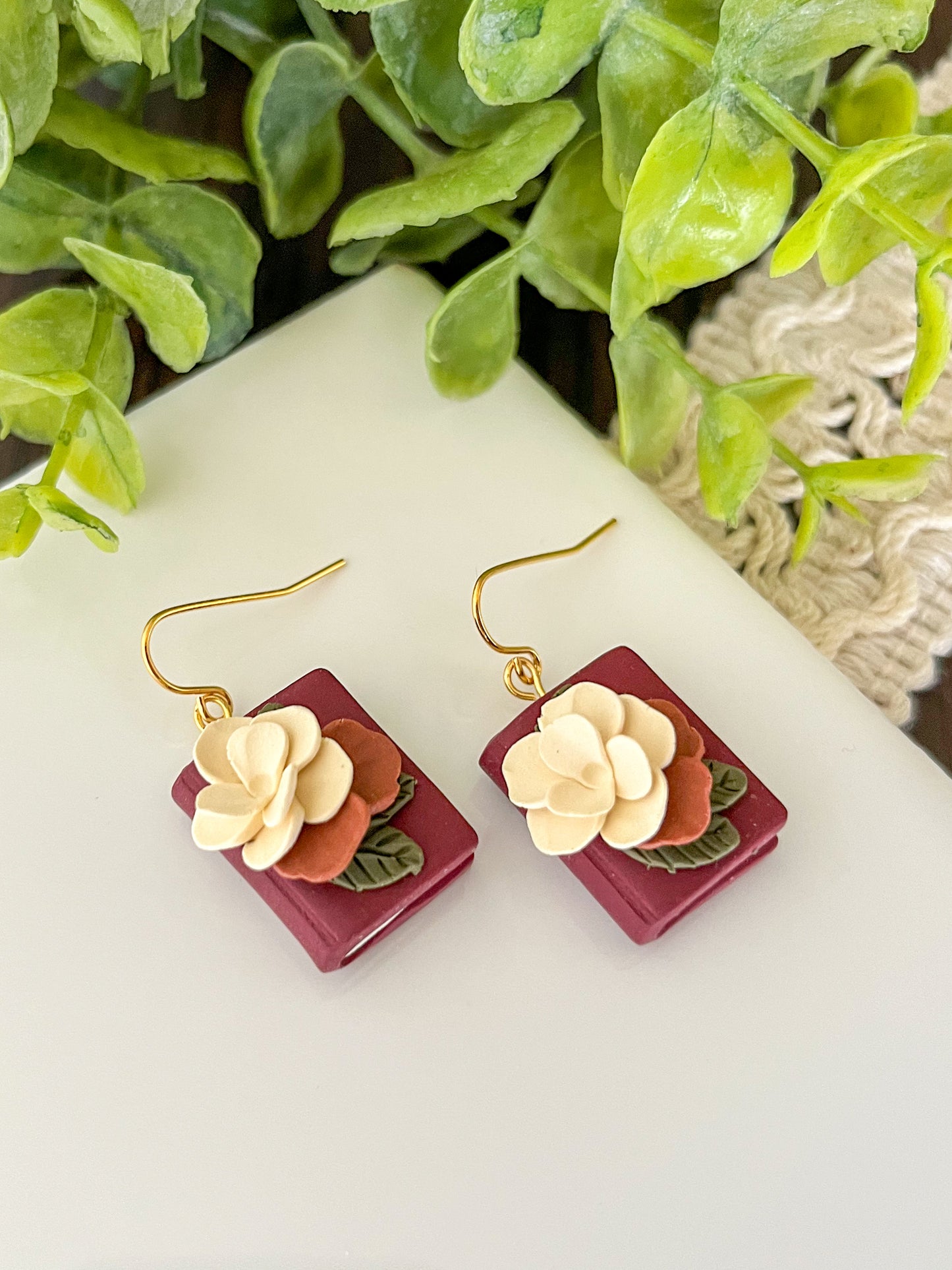 Maroon floral book earring | 18k gold-plated
