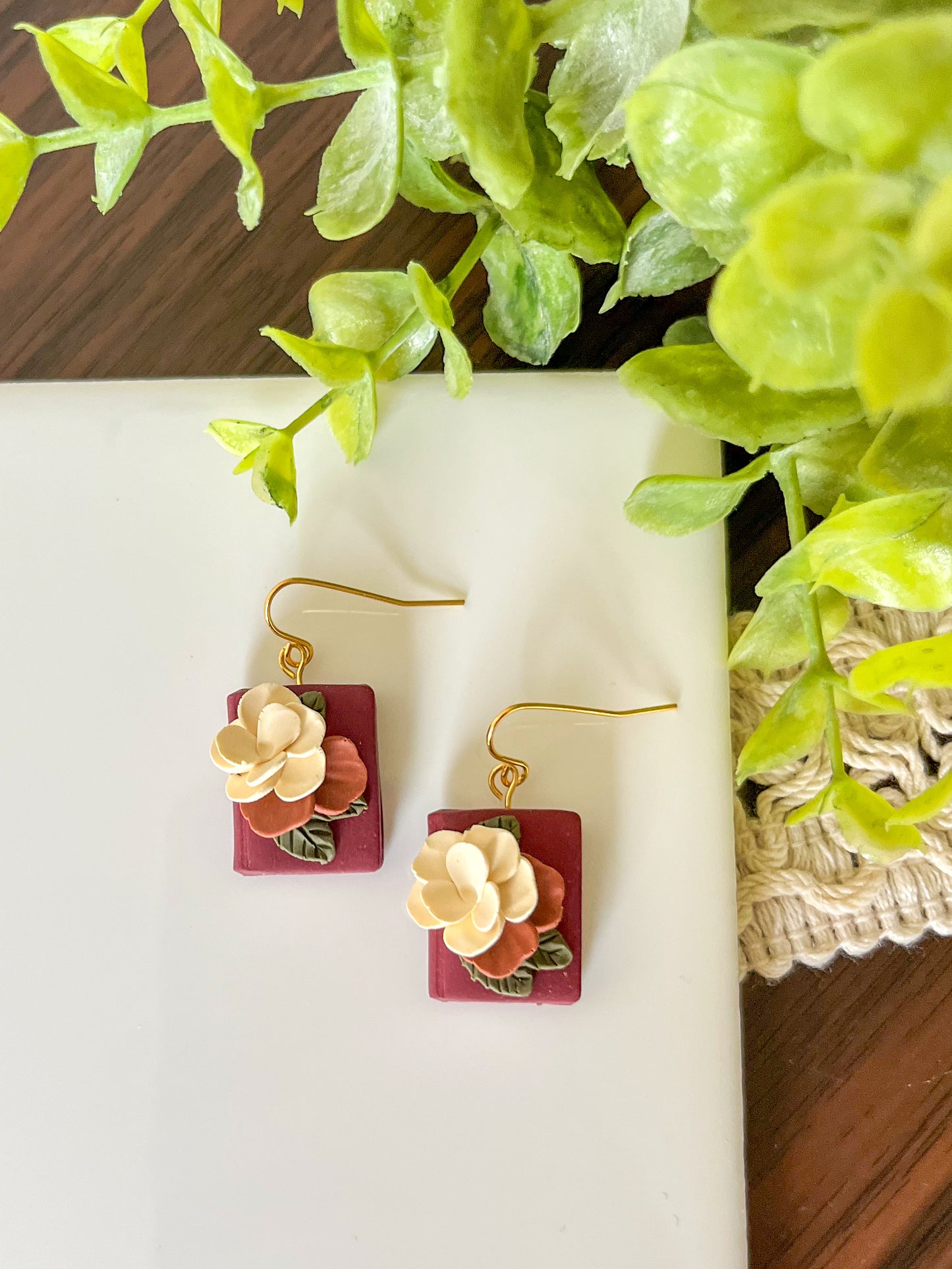 Maroon floral book earring | 18k gold-plated
