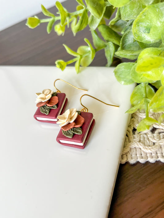 Maroon floral book earring | 18k gold-plated