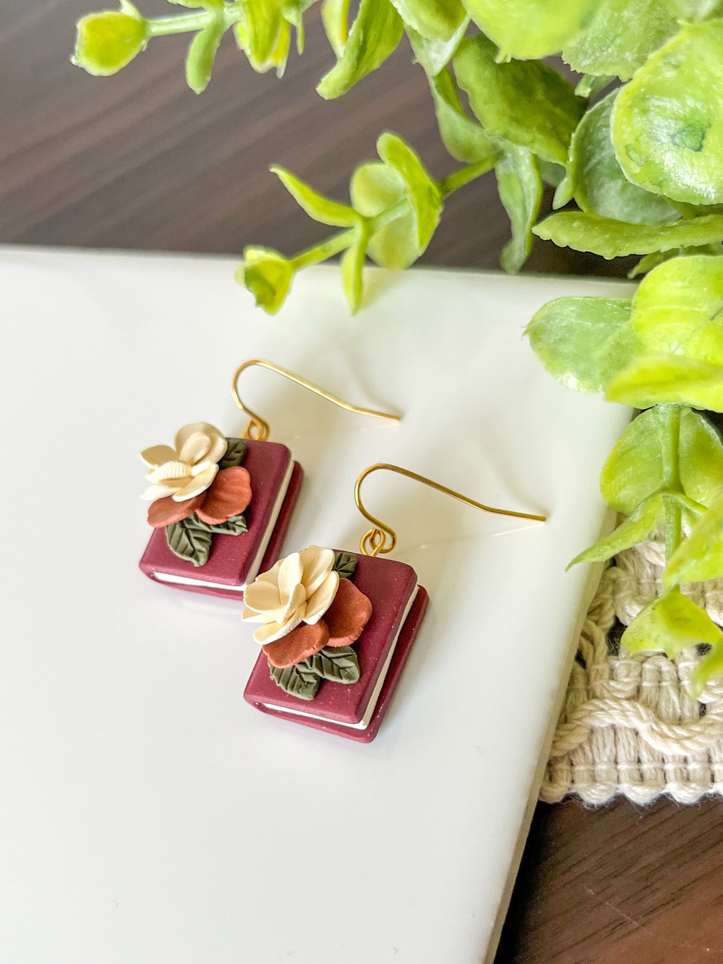 Maroon floral book earring | 18k gold-plated