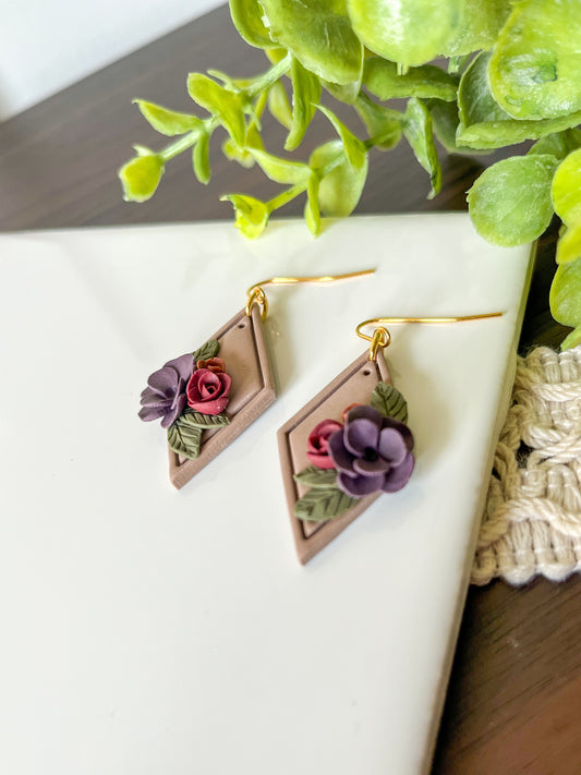 Brown Diamond Earrings with Jewel Tone Florals | 18k gold-plated
