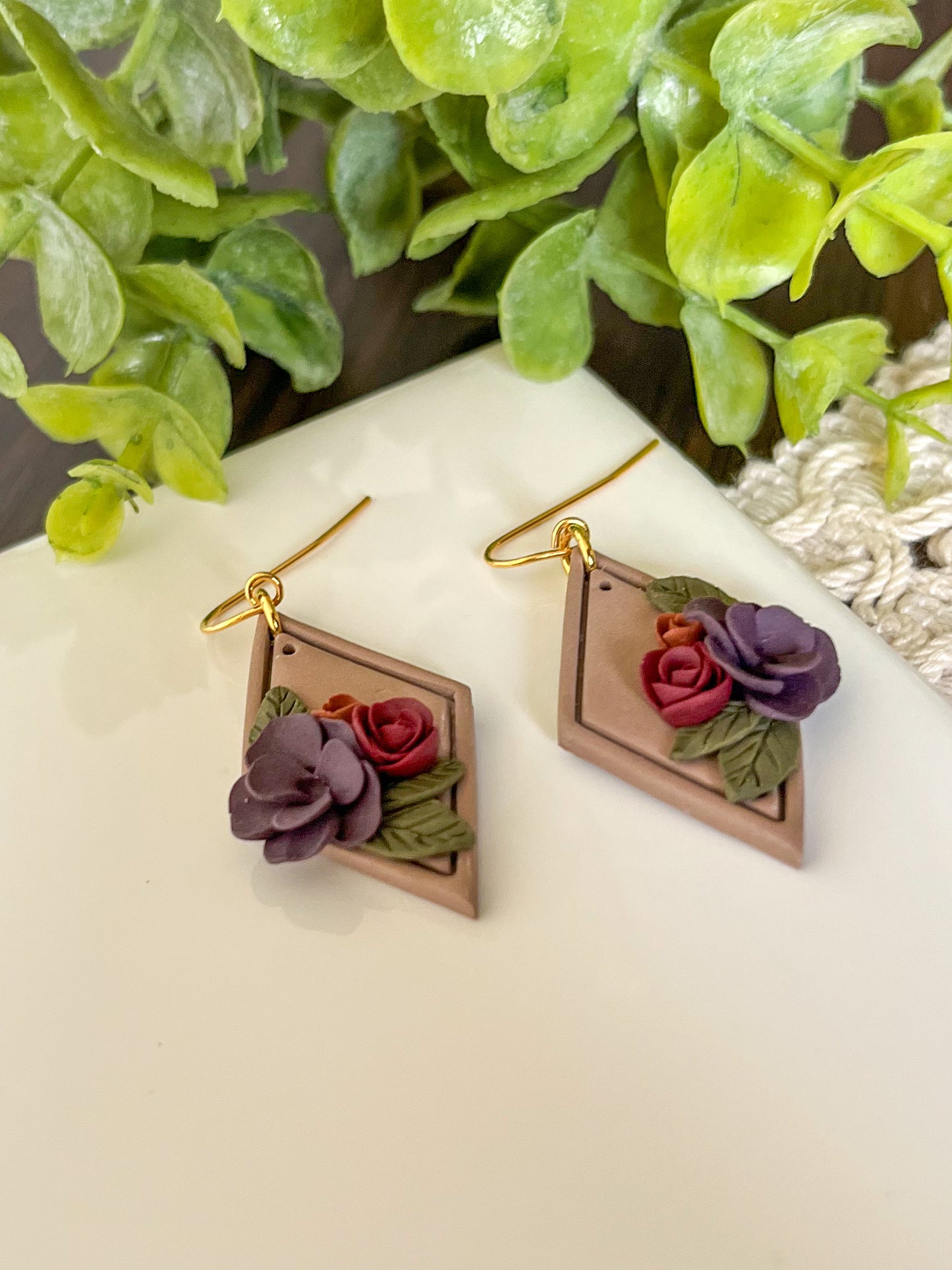 Brown Diamond Earrings with Jewel Tone Florals | 18k gold-plated