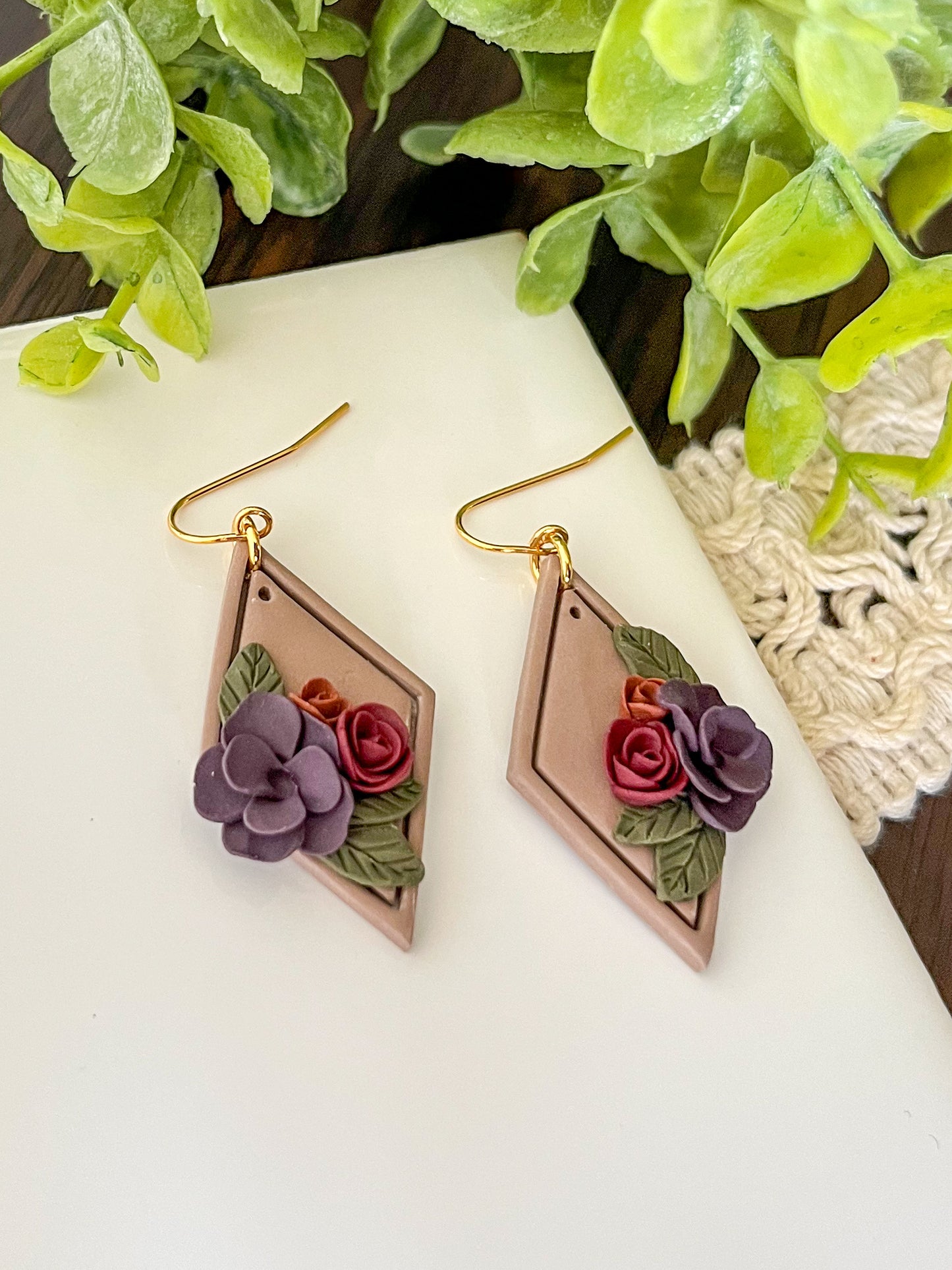 Brown Diamond Earrings with Jewel Tone Florals | 18k gold-plated