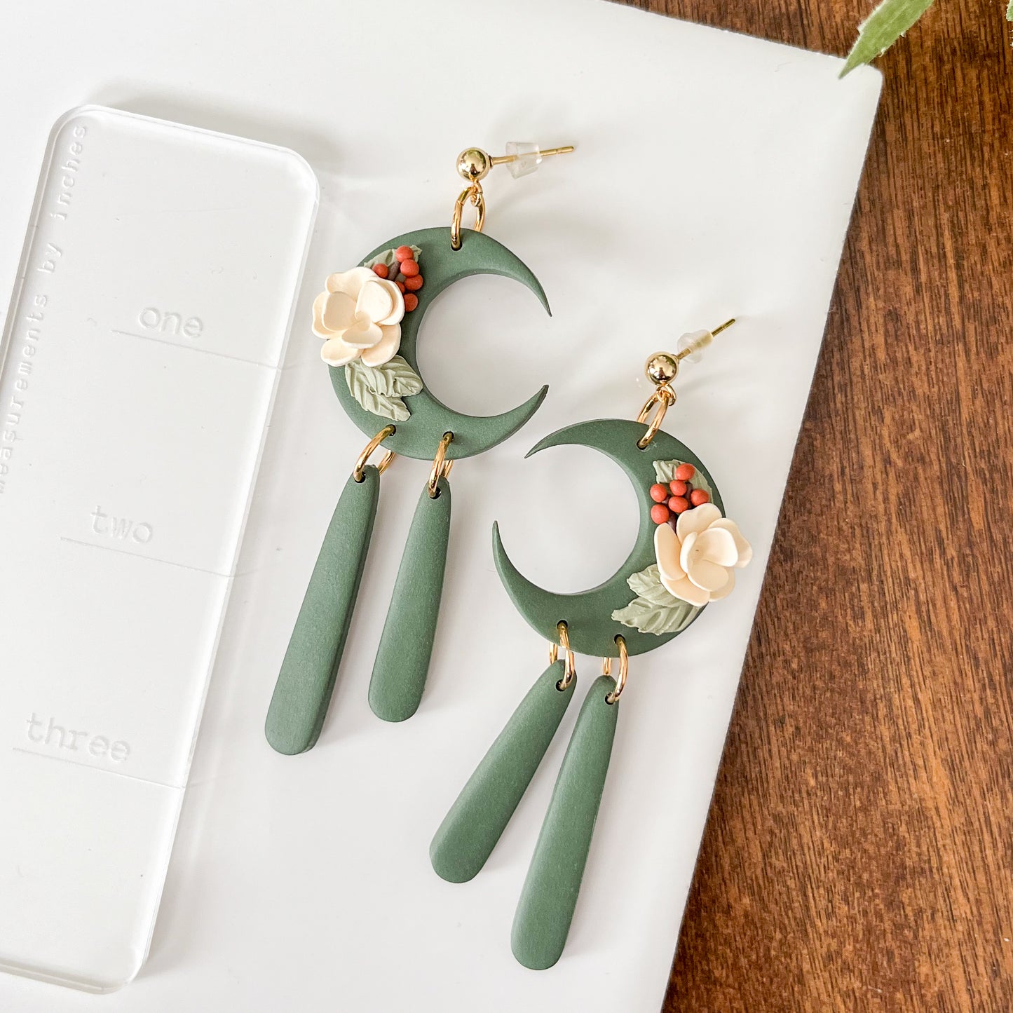 Green floral moon statement earrings | 24k gold plated