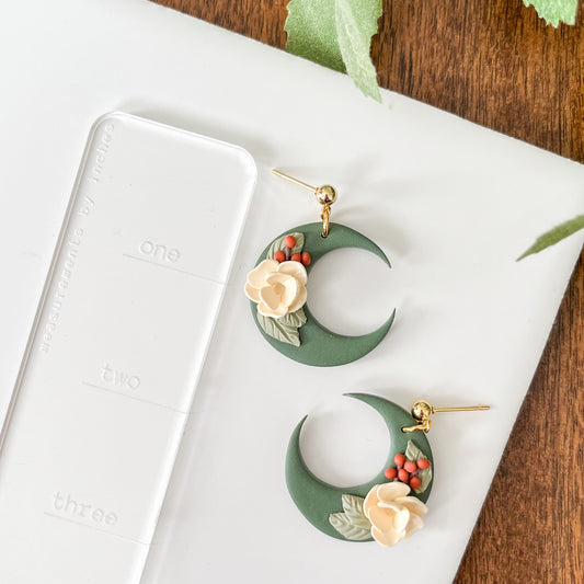 Green floral moon earrings | 24k gold plated