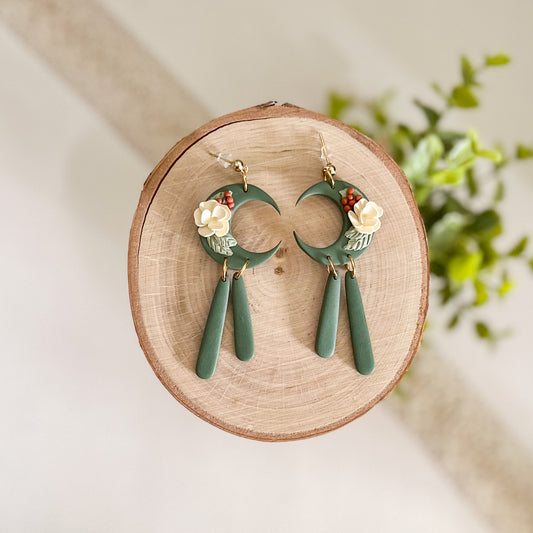 Green floral moon statement earrings | 24k gold plated