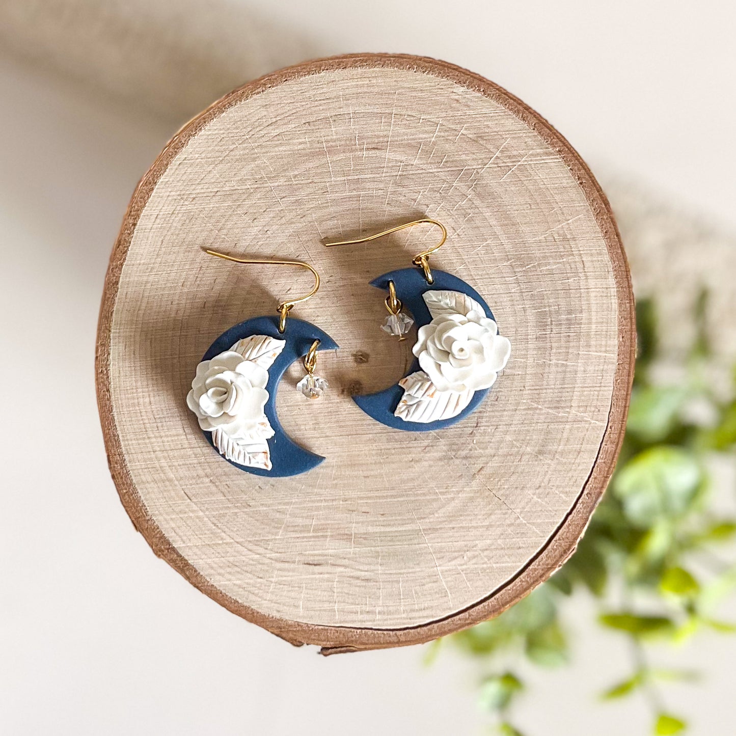 Blue floral moon earrings | 18k gold plated