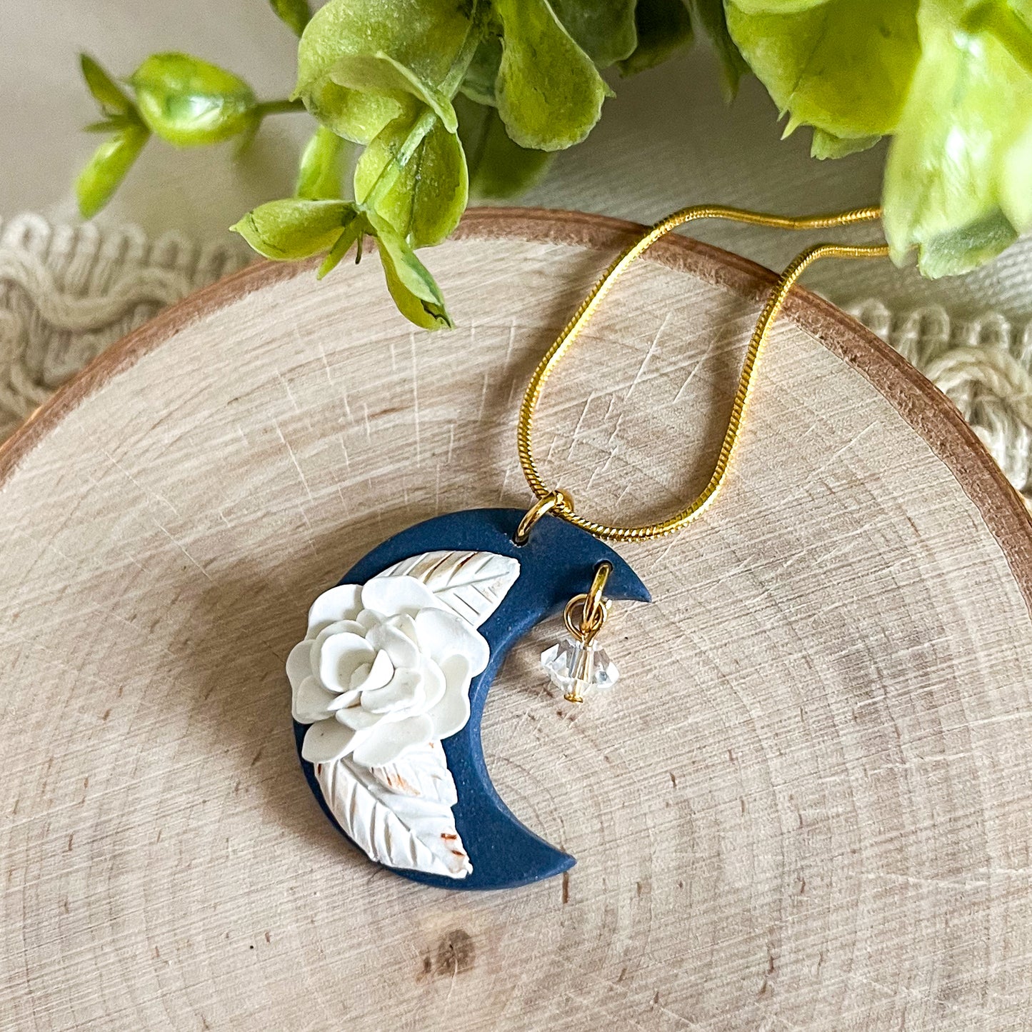 Blue floral moon necklace| 18" chain