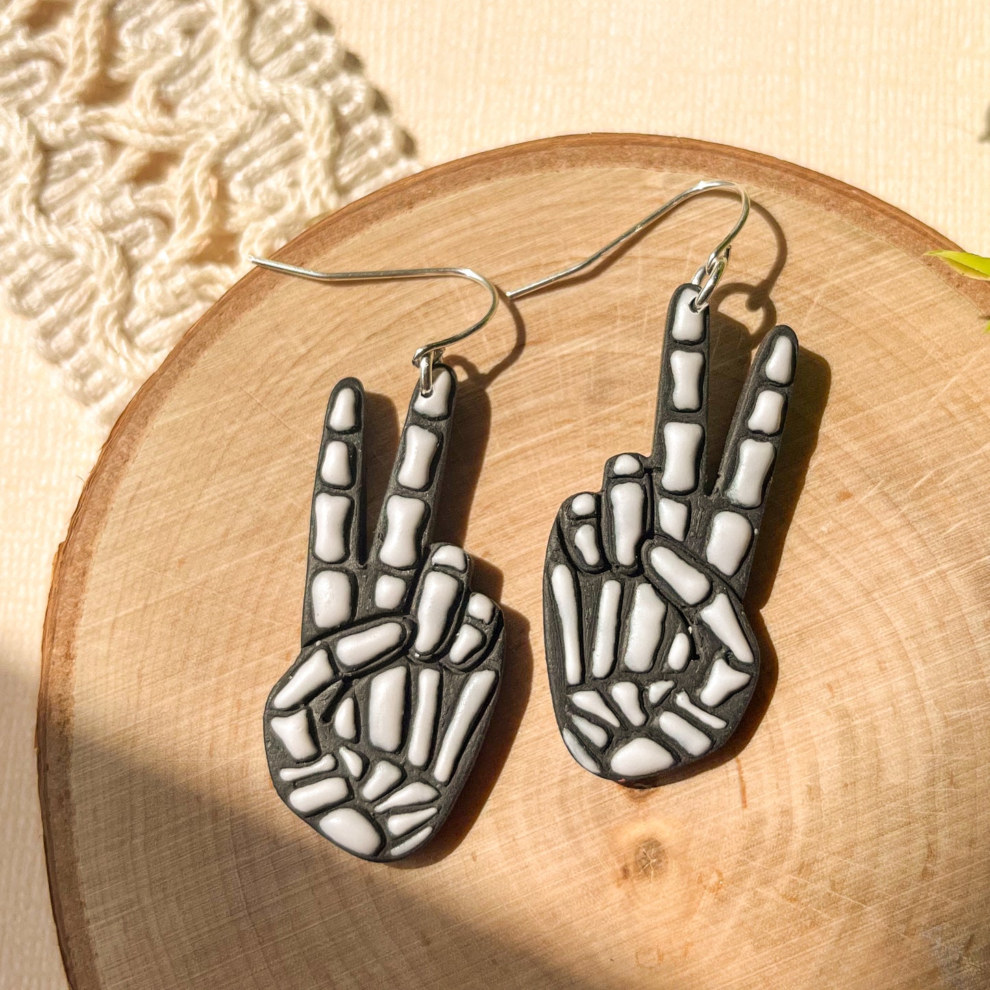 Black skeleton peace hand earrings | Sterling silver