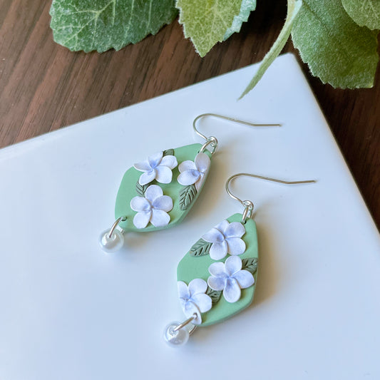 green plumeria earrings with pearl  | sterling silver