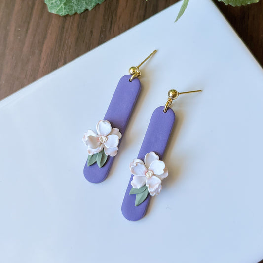 Purple floral oval earrings | 24k gold plated