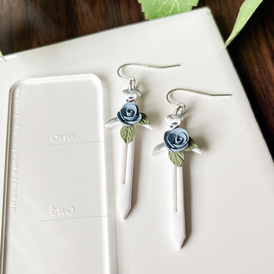 Blue rose sword earrings | sterling silver