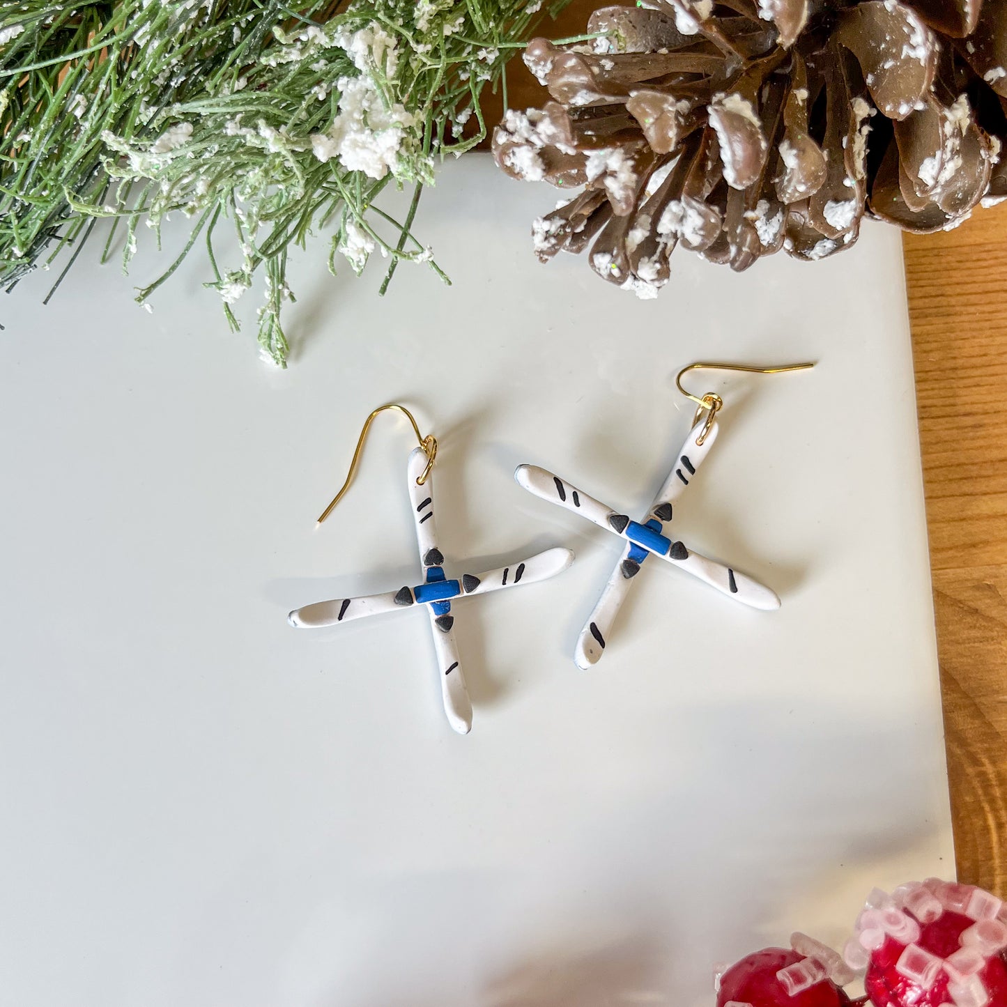 White and blue ski earrings | 18k gold plated