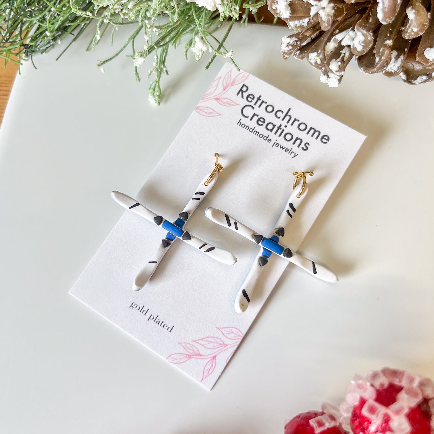 White and blue ski earrings | 18k gold plated