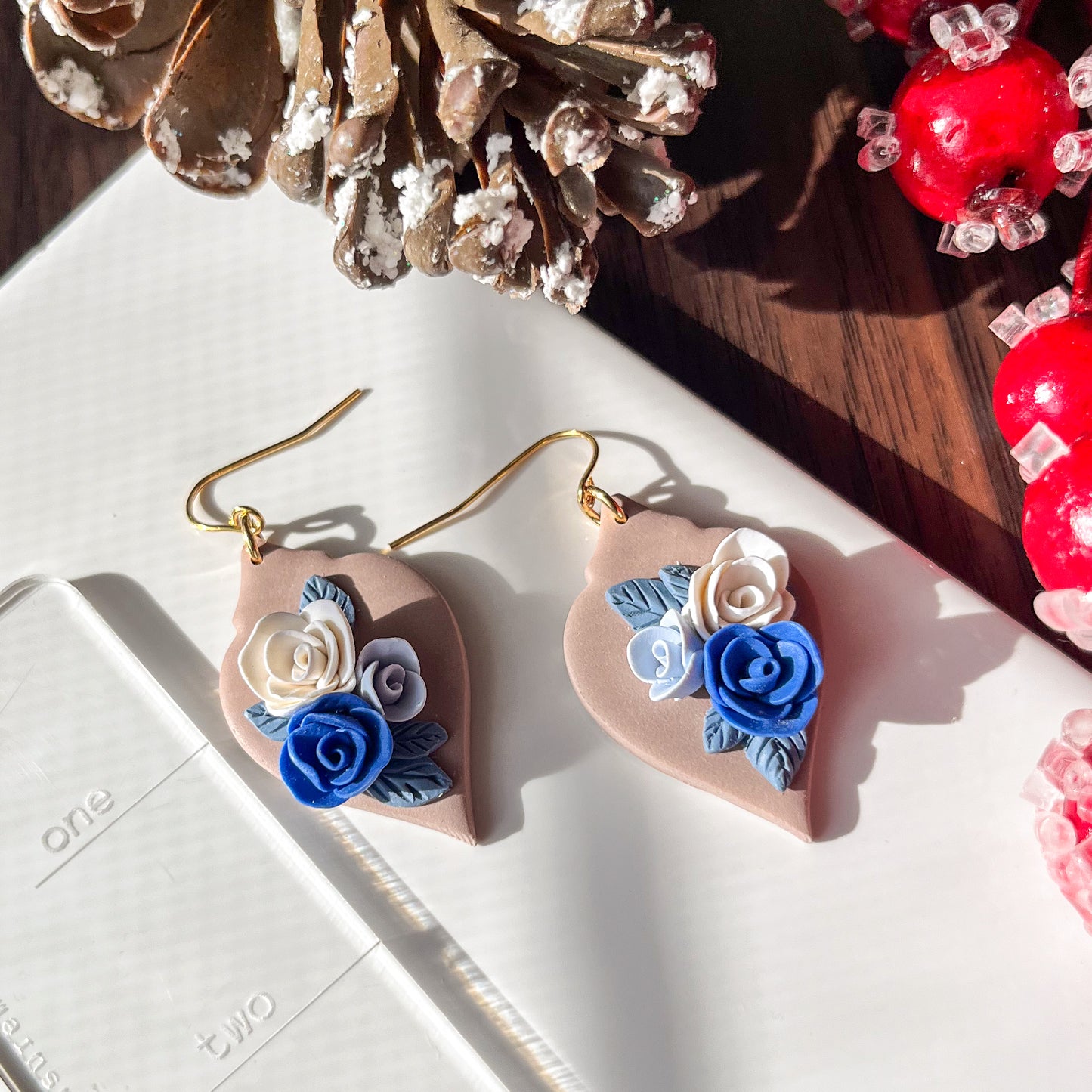 Brown and blue rose ornament earrings | 18k gold plated