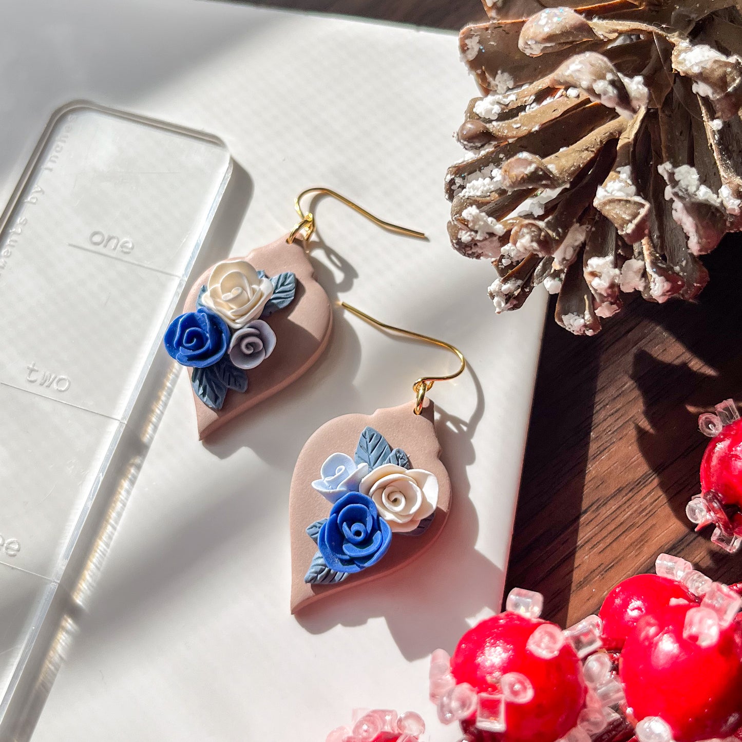 Brown and blue rose ornament earrings | 18k gold plated