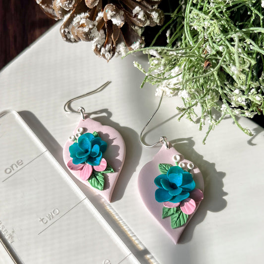 Pink floral ornament earrings | sterling silver