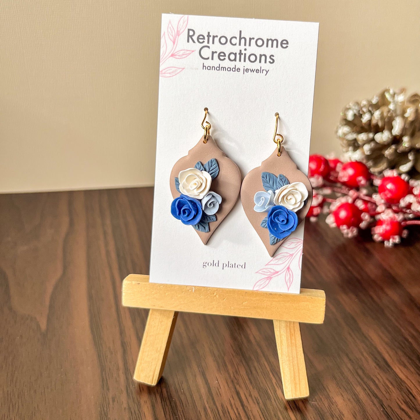 Brown and blue rose ornament earrings | 18k gold plated